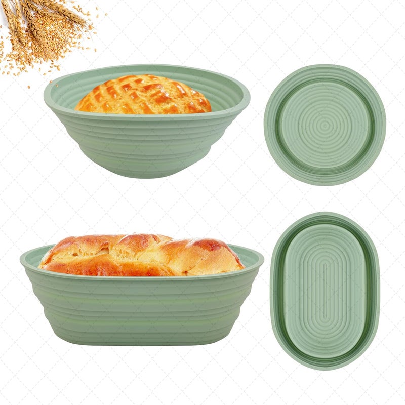 CHAMEX 2Pcs Silicone Banneton Bread Proofing Baskets, 10" Oval & 9" Round Foldable Non-Stick Dough Proofing Bowl Containers-BPA Free, Optimum Sourdough Bread Baking Supplies (Green) - Image 1